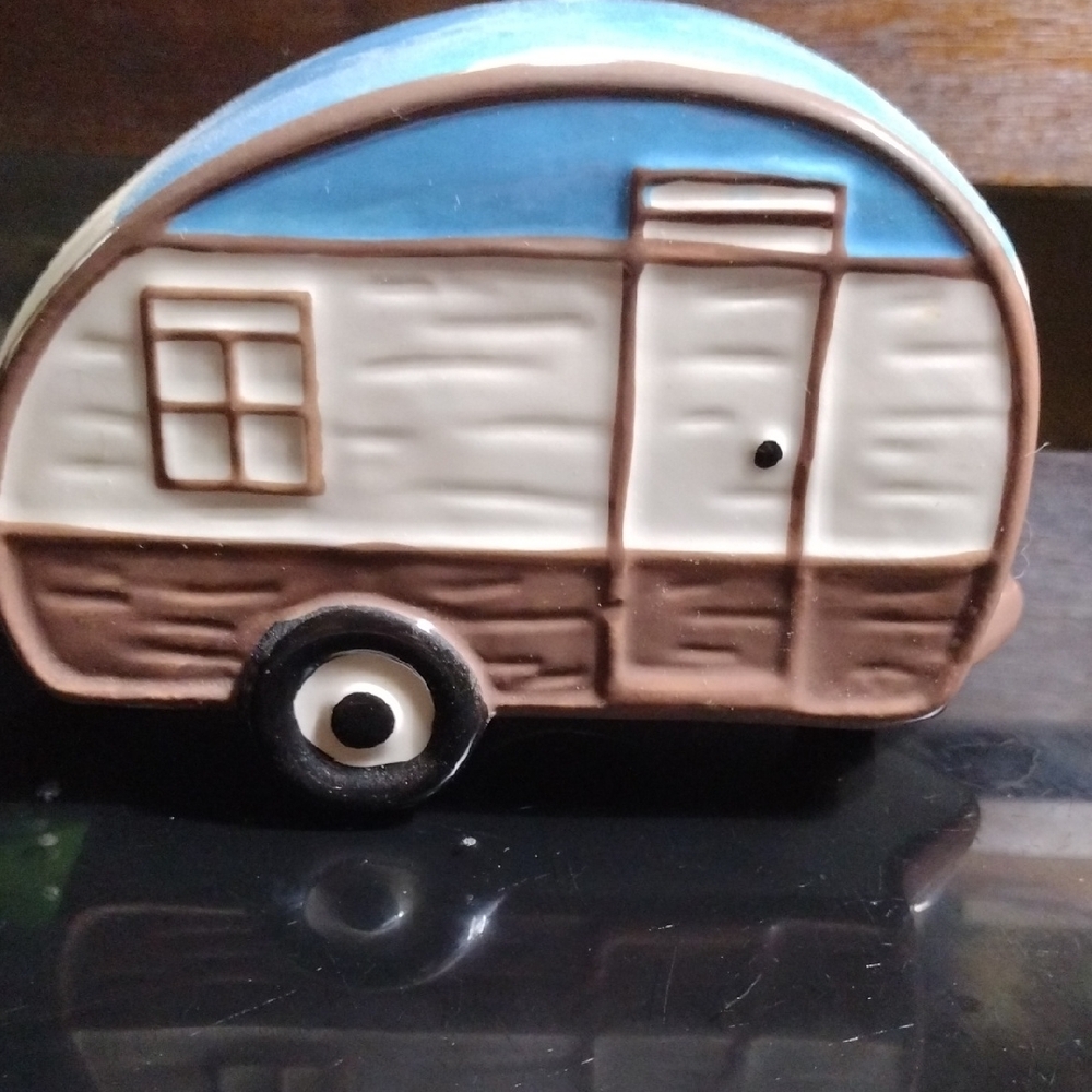 Blue and Brown Ceramic Camper Art